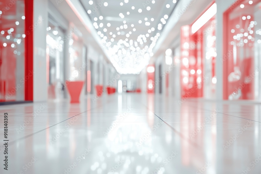 Fototapeta premium Blurred abstract background, bright room with white light effect and red objects, shopping center corridor with generative ai
