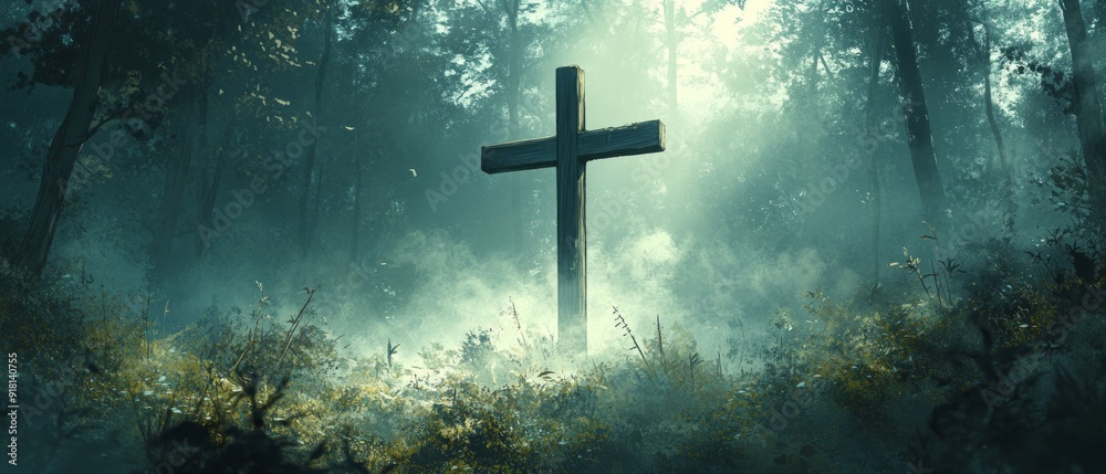 Fototapeta premium Cross Forest Chapel Christianity Religion Spiritual Symbol - Generative AI