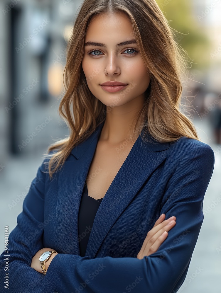 Portrait of a beautiful smiling business woman in a blue blazer standing on the street Portrait of a beautiful smiling business woman in a blue blazer standing on the street