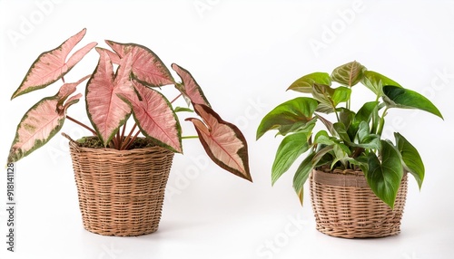 syngonium podophyllum or popular as arrowhead plants with robusta or dusty pink leaves color isolated on white and euphorbia tithymaloides growing in a wicker pot photo