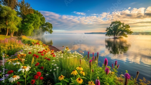 Serene summer morning on Oneida Lake's tranquil shoreline, with misty fog rolling in, surrounded by lush greenery and vibrant wildflowers in central New York. photo