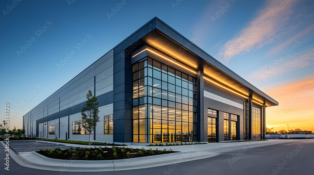 Modern warehouse building at dusk. Modern warehouse building at dusk.