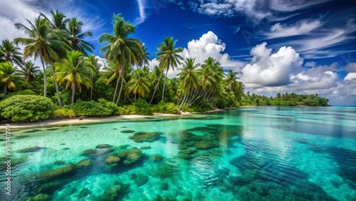 serene turquoise lagoon surrounded by lush green palm trees and coral reef, shimmering in warm sunlight on a remote Oceania island. photo