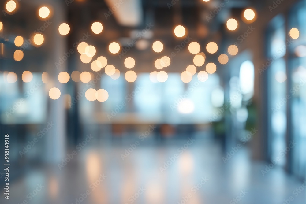 Blurred empty open space office. Abstract light bokeh at office interior background for design. with generative ai Blurred empty open space office. Abstract light bokeh at office interior background for design. with generative ai