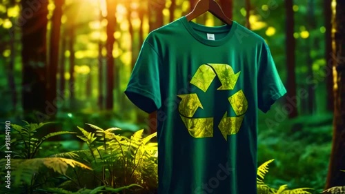 Green t-shirt with a recycle symbol printed on it hanging in a forest.