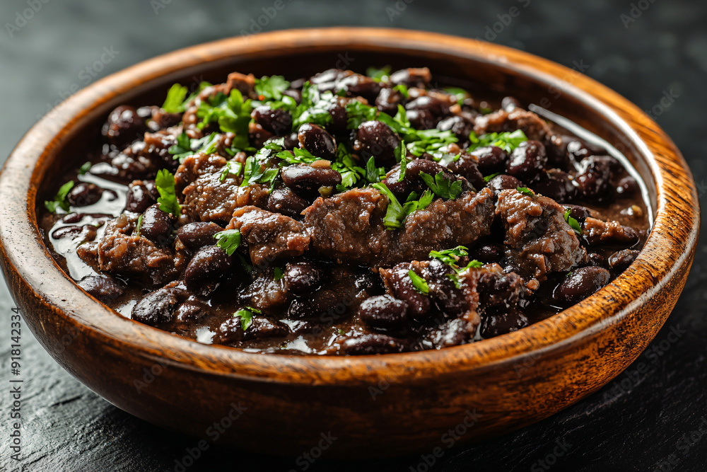 Black Beans with Beef and Parsley in Wooden Bowl. Black Beans with Beef and Parsley in Wooden Bowl.