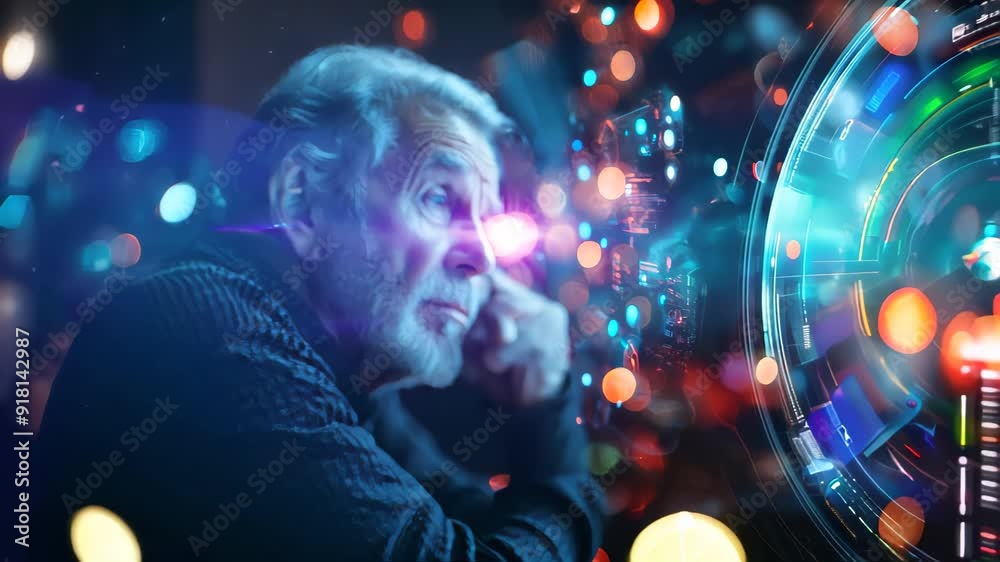 An elderly man focuses intently on a glowing interface, immersed in exploring complex data visuals and technology during an engaging late-night session in a vibrant setting An elderly man focuses intently on a glowing interface, immersed in exploring complex data visuals and technology during an engaging late-night session in a vibrant setting