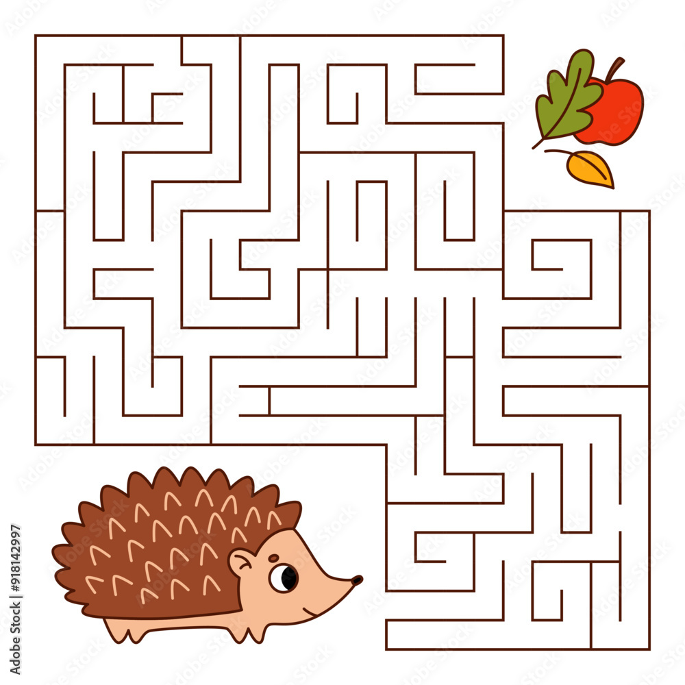 Animal maze game for kids. Cute hedgehog looking for a way to the apple and leaves. Printable worksheet with solution for school and preschool. Vector cartoon illustration.