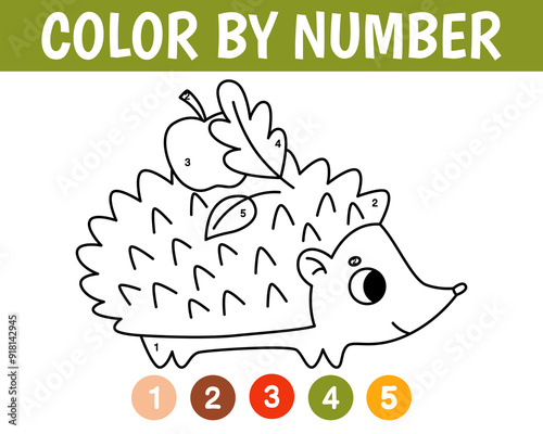Color by number game for kids. Cute hedgehog. Animal coloring book. Printable worksheet with solution for school and preschool. Learning numbers activity. Vector cartoon illustration.