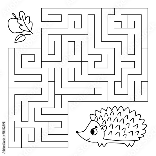 Animal maze game for kids. Cute line hedgehog looking for a way to the apple and leaves. Printable worksheet with solution for school and preschool. Vector cartoon illustration.