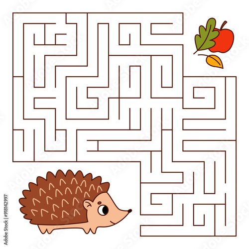 Animal maze game for kids. Cute hedgehog looking for a way to the apple and leaves. Printable worksheet with solution for school and preschool. Vector cartoon illustration.