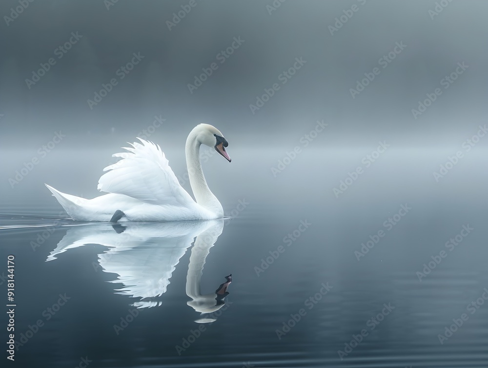 Graceful Swan Gliding on a Tranquil Lake with Mesmerizing Reflection Graceful Swan Gliding on a Tranquil Lake with Mesmerizing Reflection