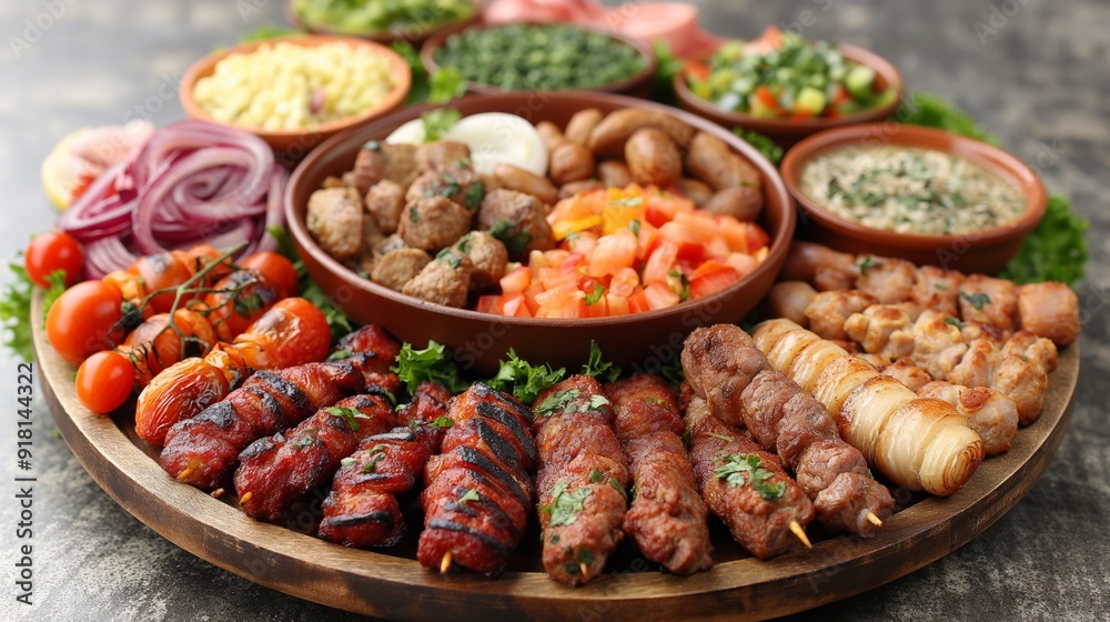 Obraz premium A platter filled with a variety of grilled meats, vegetables, and vibrant side dishes.