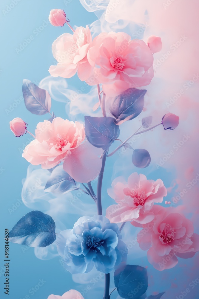 High resolution photography of flying flowers in pastel pink and blue colors against High resolution photography of flying flowers in pastel pink and blue colors against