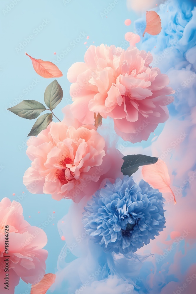 High resolution photography of flying flowers in pastel pink and blue colors against a colorful background High resolution photography of flying flowers in pastel pink and blue colors against a colorful background