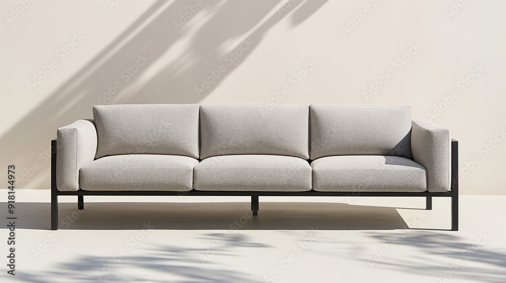 A minimalist beige sofa basks in soft shadows against a pristine white wall. A minimalist beige sofa basks in soft shadows against a pristine white wall.