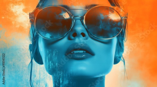 A movie poster with an orange and blue background, featuring the silhouette of A woman wearing sunglasses in profile, and digital art techniques blend seamlessly  photo