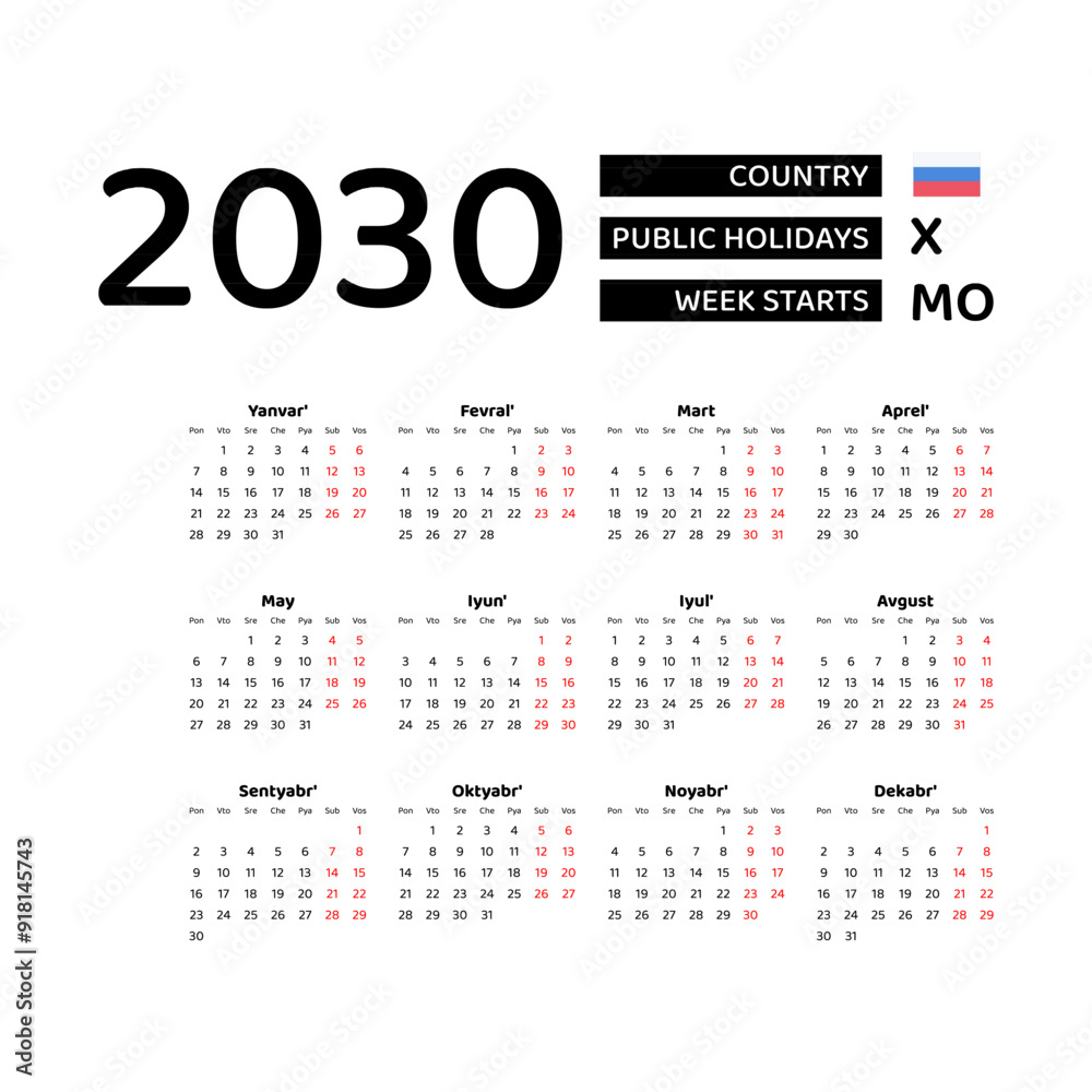 Calendar 2030 Russian language with Russia public holidays. Week starts from Monday. Graphic design vector illustration. Calendar 2030 Russian language with Russia public holidays. Week starts from Monday. Graphic design vector illustration.