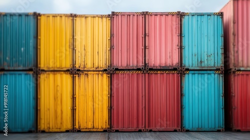 A detailed perspective of a colorful wall of stacked shipping containers, showcasing the vibrant colors and industrial precision of modern logistics and storage. photo