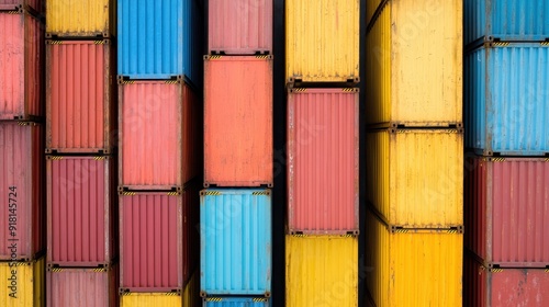 A close-up view of a wall of stacked colorful shipping containers arranged in rows, highlighting the vibrant hues and geometric pattern of modern industrial storage.