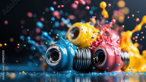 A dynamic image featuring four metallic bolts covered with vibrant paint splashes in blue, yellow, and red, against a sleek black background, creating a striking visual contrast. photo