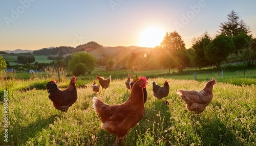 free range chickens grazing in a sunlit field at sunset surrounded by lush greenery and serene countryside landscape photo