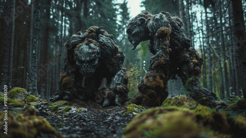 Realistic living two fighting for territory trolls in the forest in Norway