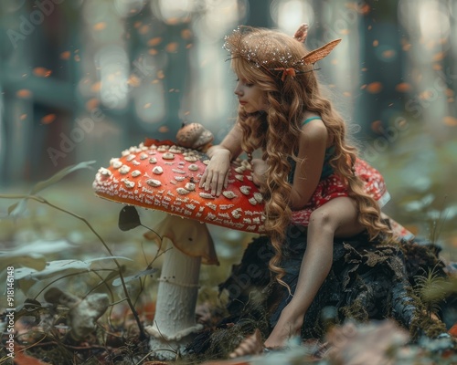 A realistic forest beautiful fairy sitting on a poisonous toadstool mushroom in the forest