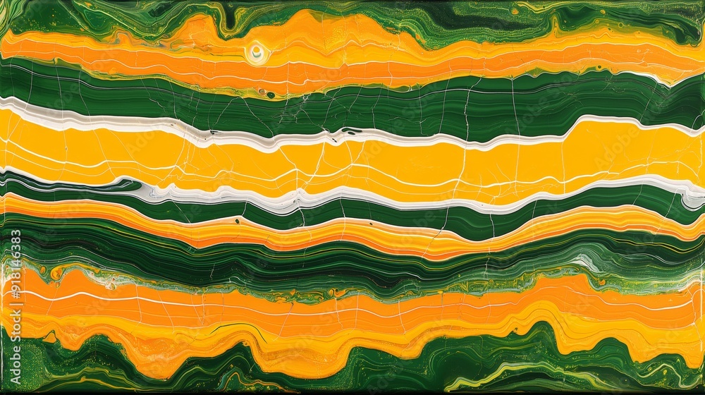 This vibrant abstract painting with swirling patterns in green, yellow, and white captivates with its dynamic energy.
