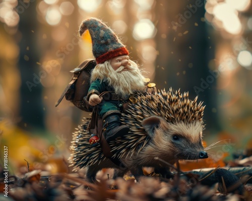 A realistic forest gnome with a backpack full of gold and gems rides a huge hedgehog through a magical pine forest in the mountains