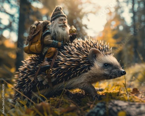 A realistic forest gnome with a backpack full of gold and gems rides a huge hedgehog through a magical pine forest in the mountains