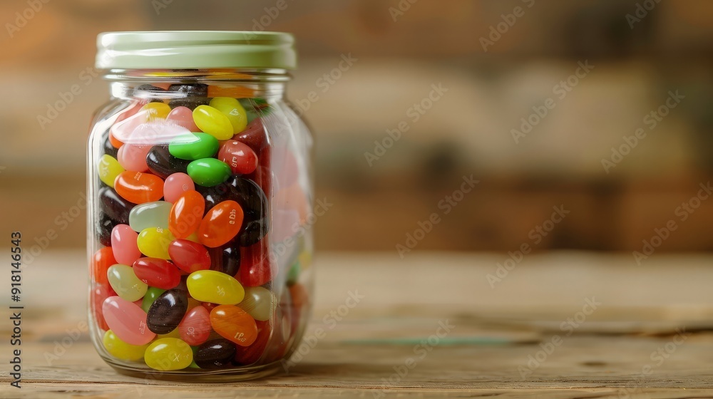 Jelly Beans in a Glass Jar on Wooden Table Jelly Beans in a Glass Jar on Wooden Table
