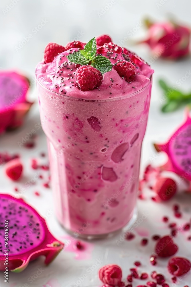 Refreshing Dragon Fruit and Raspberry Smoothie with Fresh Mint Garnish in a Glass Refreshing Dragon Fruit and Raspberry Smoothie with Fresh Mint Garnish in a Glass
