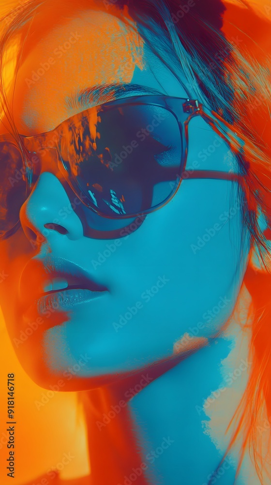 Fototapeta premium A movie poster with an orange and blue background, featuring the silhouette of A woman wearing sunglasses in profile, and digital art techniques blend seamlessly 