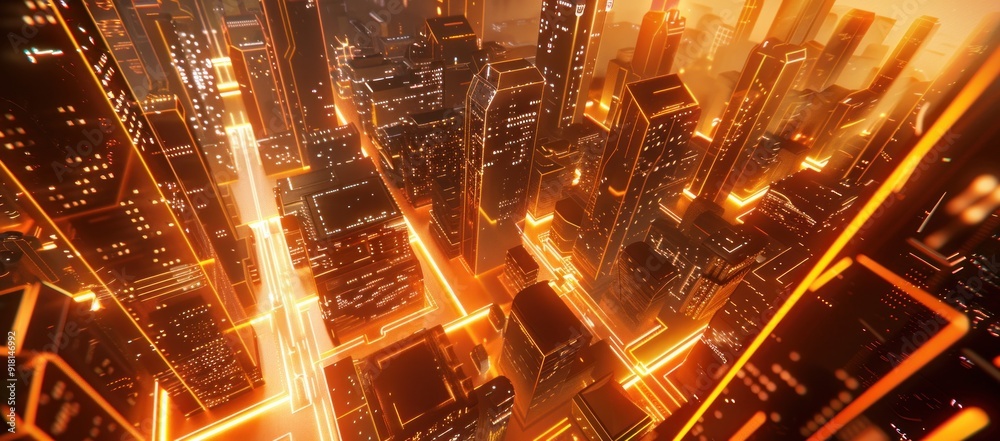 Futuristic Cityscape with Glowing Orange Lights Futuristic Cityscape with Glowing Orange Lights
