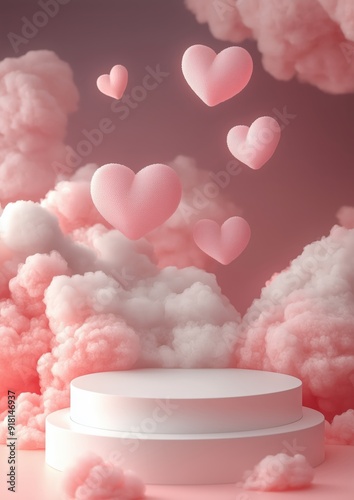 3d white empty podium platform with pink heart flying around on pastel background for product presentation