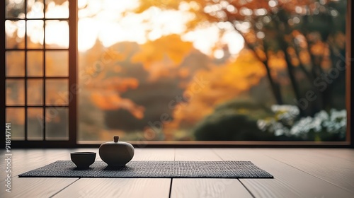 Cloudinspired zen room close up, focus on, copy space tranquil and serene, Double exposure silhouette with zen garden photo