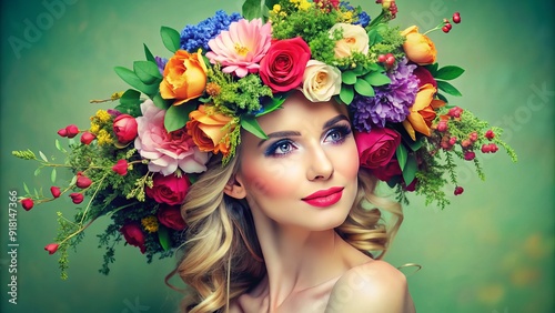 Vibrant floral headband with colorful blooms and lush greenery wraps around a woman's forehead, adding a playful yet elegant touch to her summer look. photo