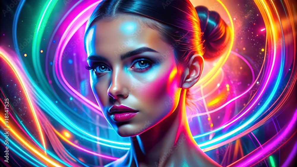 Vibrant futuristic neon lights illuminate a trendy model's face, surrounded by swirling abstract shapes and patterns, blending fashion with graphic design elements. Vibrant futuristic neon lights illuminate a trendy model's face, surrounded by swirling abstract shapes and patterns, blending fashion with graphic design elements.