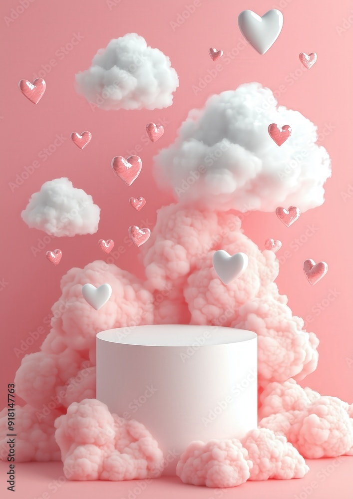 3d rendering of white podium with pink background, flying hearts and clouds for product presentation scene
