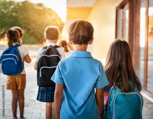 Niños en edad escolar reunidos tras las vacaciones; vuelta al colegio photo