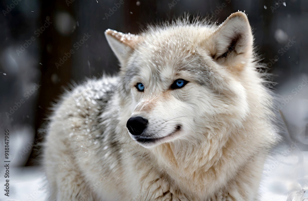 Fototapeta premium Scene where a white wolf cub with beautiful blue eyes is standing alone
