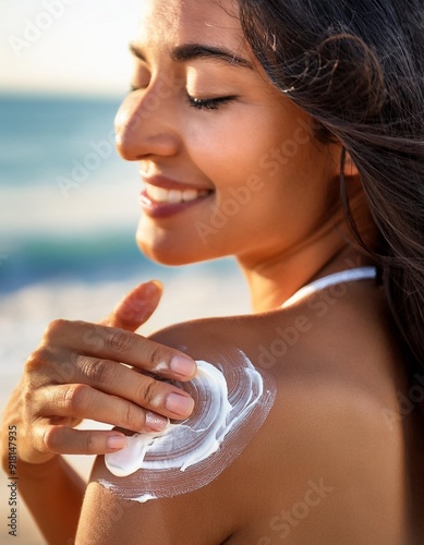 Mujer aplicándose crema solar para protegerse del sol; playa y verano