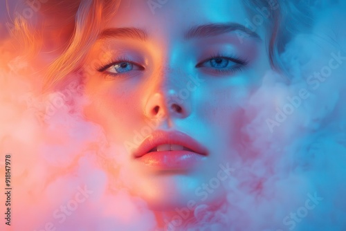 surreal portrait of young woman with head dissolving into swirling clouds dreamy atmosphere pastel color palette visual metaphor for mental states ethereal and introspective mood