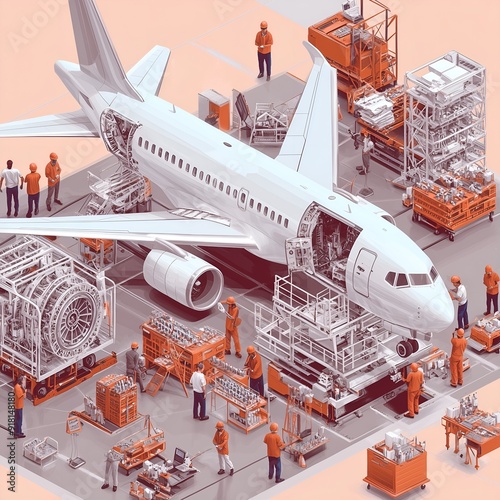 Skilled workers assembling and testing aerospace equipment, showcasing precision and quality in a detailed background.