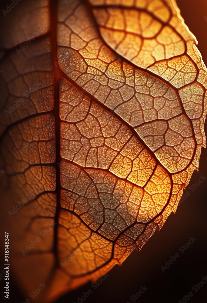 Fototapeta premium Close-up of an intricate leaf texture, showcasing the rich colors and textures in golden brown tones