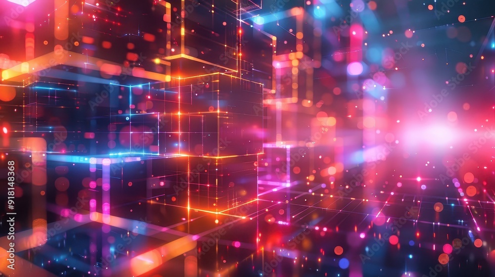 Vibrant Abstract Digital Art with Neon Lights and Geometric Shapes in a Futuristic Virtual Space Vibrant Abstract Digital Art with Neon Lights and Geometric Shapes in a Futuristic Virtual Space