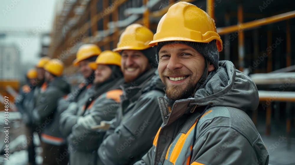 Smiling Team of Construction Workers in Hard Hats on a Winter Day at a Building Site