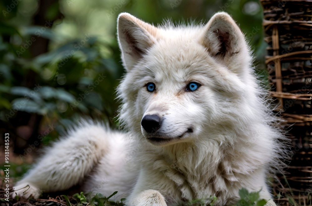 A scene where a small white wolf cub with beautiful blue eyes is alone A scene where a small white wolf cub with beautiful blue eyes is alone