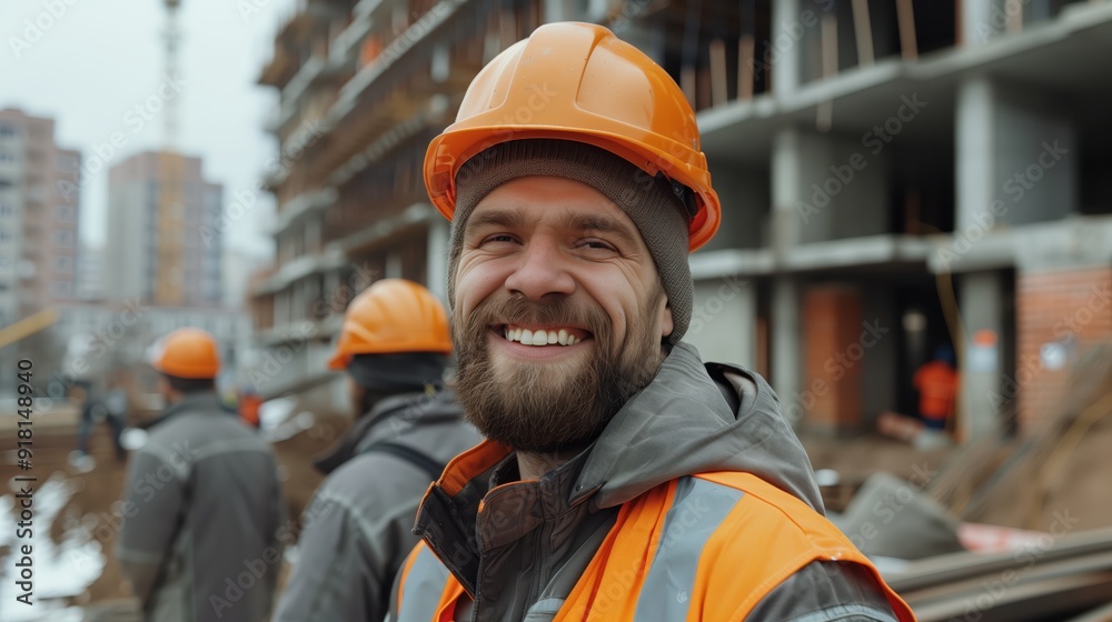 Smiling Construction Worker in Safety Gear at Building Site with Colleagues Smiling Construction Worker in Safety Gear at Building Site with Colleagues